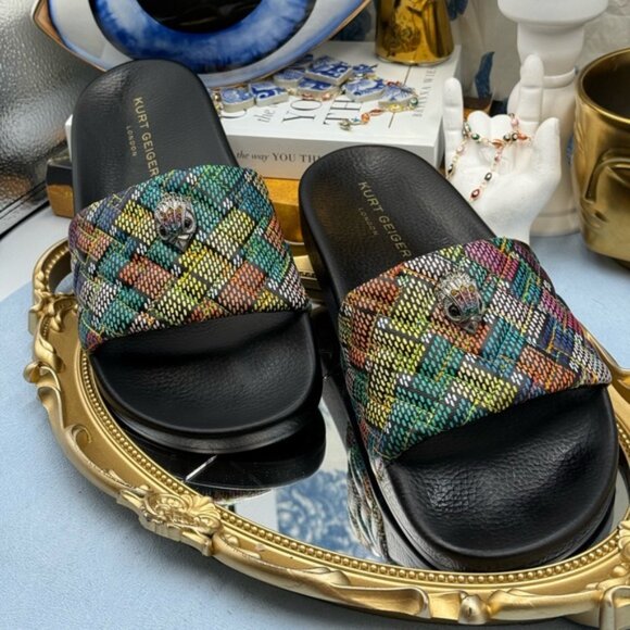 🆕 KURT GEIGER LONDON 🧿 NWOB Meena Eagle Slide, Black Rainbow Weave, Sz 40 US 9 - Picture 5 of 14